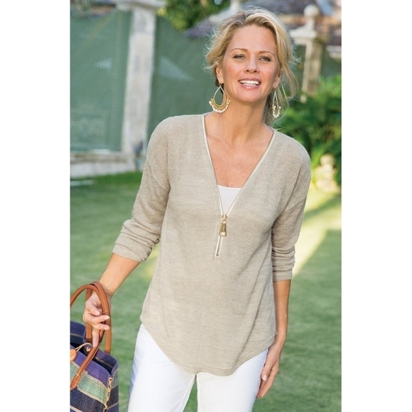 Soft Surroundings Valentina Pale Green Dusty Sage V-Neck Zip Sweater Slub Jersey - Picture 3 of 10